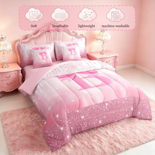 Feelyou Kids Pink Bowknot 7 Pieces Bedding Set Queen Size for Boys Girls