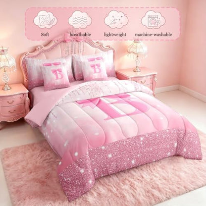 Feelyou Kids Pink Bowknot 7 Pieces Bedding Set Twin Size for Boys Girls