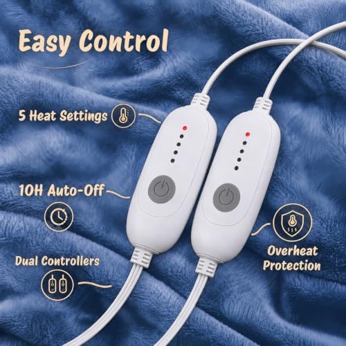 Eydna Electric Heated Blanket Queen Size 84"×90" Dual Control, 5 Heating Settings & 10Hs Auto Off, Overheat Protect, Energy Efficient, for Sofa & Bed, Machine Washable Gifts for Family, Denim Blue