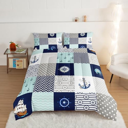HOSIMA Plaid Patchwork Nautical Comforter Set Queen with 2 Pillowcases.