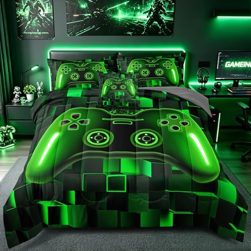 5 Pieces Twin Size Gaming Bed in a Bag for Kids, Green 3D Game Controller Comforter Set, Gamer Bedding Set for Boys Girls Teens Cool Bedroom Decor All Season Twin56
