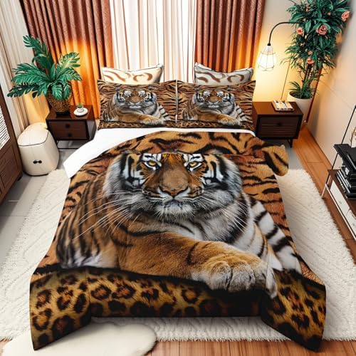 Tiger 3D Print Comforter Set Twin Size Wild Animals Bedding Set 2pcs for Kids Teens Room Decor,Animal Fur Quilt Set Soft Breathable Duvet Insert with 1 Pillowcase