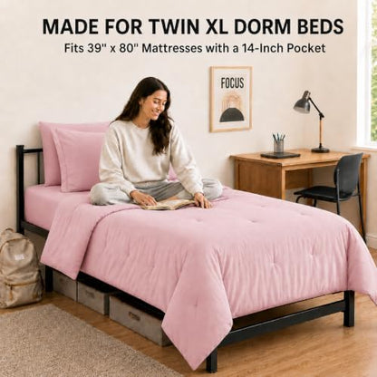 HIMEET Twin XL Comforter Set, 5-Piece Point-Quilted Bed in a Bag, Pink