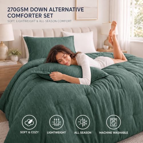 CozyLux King Size Comforter Set, Heathered Dark Green 3 Pieces Bedding Sets