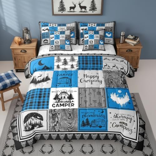 Erosebridal 7 Piece Rv Camper Queen Bed in a Bag,Kids Happy Camping Comforter Set Blue Buffalo Plaid Decor,Rustic Cabin Patchwork Bedding Set with Sheets,Travel Trailer Bed Set with Pillowcases