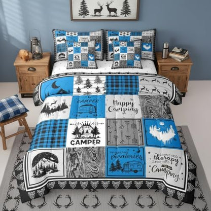 Erosebridal 7 Piece Rv Camper Queen Bed in a Bag,Kids Happy Camping Comforter Set Blue Buffalo Plaid Decor,Rustic Cabin Patchwork Bedding Set with Sheets,Travel Trailer Bed Set with Pillowcases