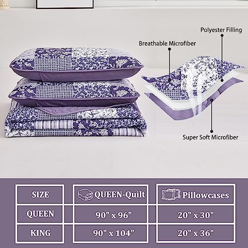 Mybedsoul Boho Quilts Queen Size, Patchwork Reversible Bedding Set, Purple