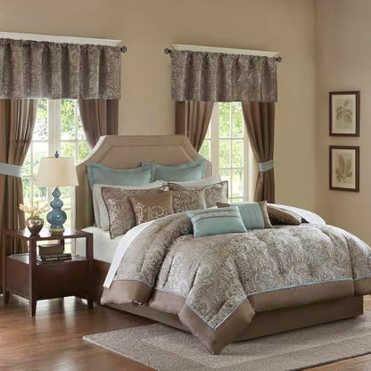 Madison Park Essentials Brystol 24 Piece Room in a Bag Faux Silk Comforter Jacquard Paisley Design Matching Curtains Down Alternative Hypoallergenic All Season Bedding-Set, Cal King, Blue