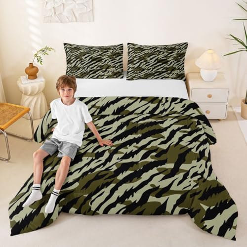 Feelyou Camouflage Comforter Set Full Size Military Style Bedding Set for Kids Boys Girls Army Green Duvet Quilt Green Camo Bedroom Decor Microfiber 3 Pcs with 2 Pillow Cases