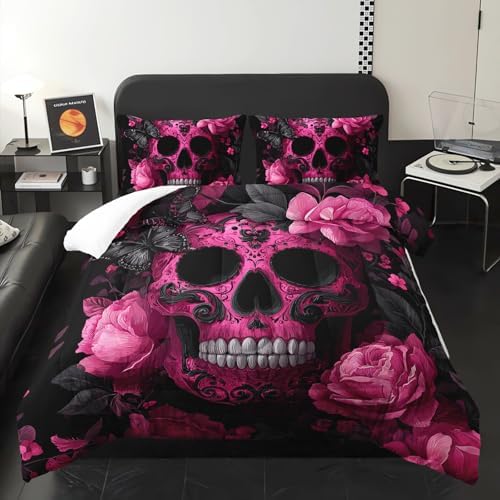 Skull Comforter Full Size,Skull Kids Comforter Set,3Pcs Bedding Set Printed Comforter with 2 Pillowcases,Down Alternative,Soft and Lightweight,for All Seasons