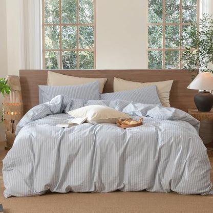 MooMee Striped Duvet Cover Set 100% Washed Cotton Linen Like