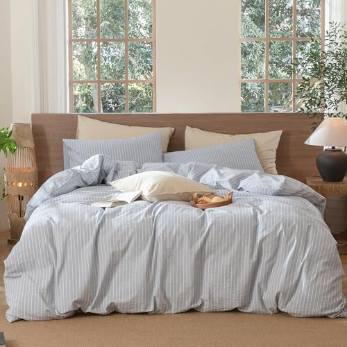 MooMee Striped Duvet Cover Set 100% Washed Cotton Linen Like Cal King