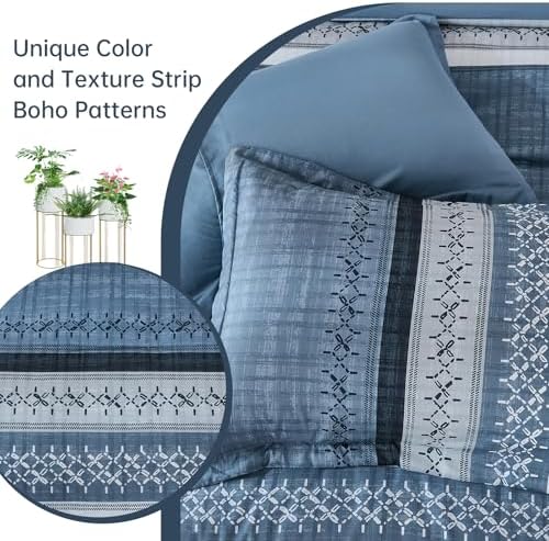 Navy Blue Queen Comforter Size Set, 8 Pieces Striped Texture Bed in a Bag Bedding Sets, Lightweight Soft Comforter and Sheet Set, All Season Microfiber Teen Boys Bedding Sets for Men Women
