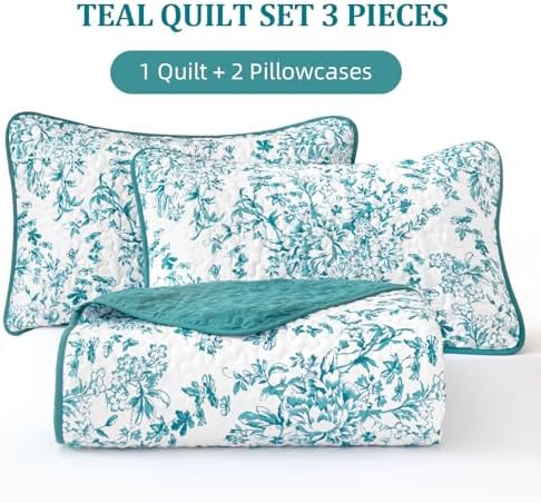 WONGS BEDDING Botanical Quilts Queen Size, Bedspread Set, Blue Green