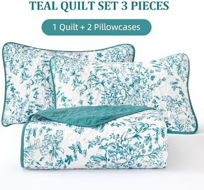 WONGS BEDDING Botanical King Quilt Bedding Set, Soft Bedspread, Blue Green