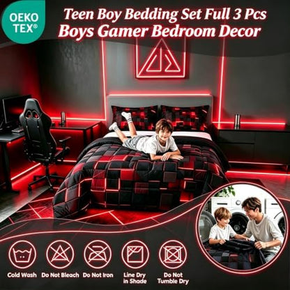 Erosebridal Black and Red Comforter Set Full Neon Geometric Checkered Bedding Set Gamer Room Decor for Boys,Abstract Grids Quilt Comforter for Kids Teen Men Plaid Check Bed Set 3 Pcs