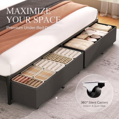 King Bed Frame with Storage Drawers and Charging Station, Grey