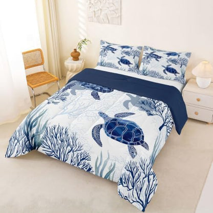 Turtle Comforter Set Full,White Blue Hawaiian Turtle Bedding for Kids,Reptile Tortoise Quilt Duvet Set Coastal Beach Theme Comforter Retro Sea Turtle Bed Set for Boys Girls Bedroom Decor(Marine life)