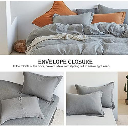 Simple&Opulence 100% Linen Duvet Cover Set 3pcs Basic Style Natural French Washed Flax Solid Color Soft Breathable Farmhouse Bedding with Button Closure - Ultimate Grey, Full