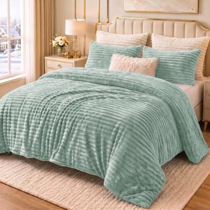 CozyLux Fleece Full Size Comforter Sets, 3 Piece Warm Sage Green Bedding