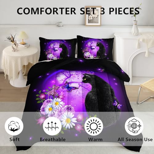 Axolotl Black Cartoon Cat Bedding Comforter Set King,Cute Cat Bedding for Kids,Daisy Butterflies Print Kids Bedding for Boys Girls Adults,Animal Flowers Comforter Set All Season,1 Quilt 2 Pillow Cases