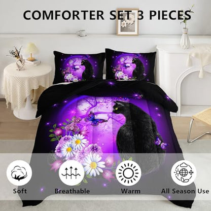 Axolotl Black Cartoon Cat Bedding Comforter Set King,Cute Cat Bedding for Kids,Daisy Butterflies Print Kids Bedding for Boys Girls Adults,Animal Flowers Comforter Set All Season,1 Quilt 2 Pillow Cases