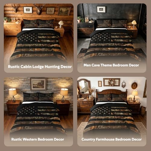 American Flag Camo Comforter Set Queen,Military Hunting Bedding Set Rustic Trees Leaves Camouflage Comforter for Boys Teens Kids Man Bedroom Nature Conifer Oak Branches Bedding Quilt Set 3 Pcs