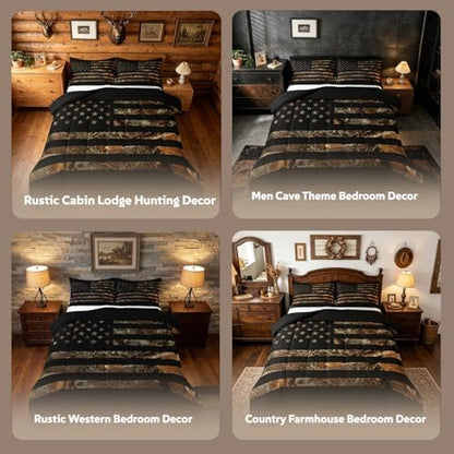 American Flag Camo Comforter Set Queen,Military Hunting Bedding Set Rustic Trees Leaves Camouflage Comforter for Boys Teens Kids Man Bedroom Nature Conifer Oak Branches Bedding Quilt Set 3 Pcs