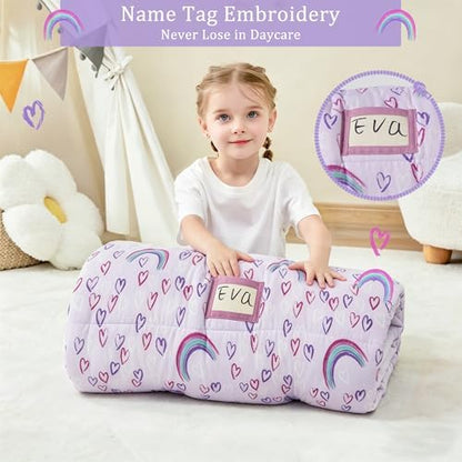 Toddler Nap Mat for Preschool 50''x30'' Sleeping Mat with Removable Pillow and Minky Blanket for Kids Ages 3-7 Roll Up Soft Sleeping Bag for Boys Girls Kindergarten Daycare Sleepover