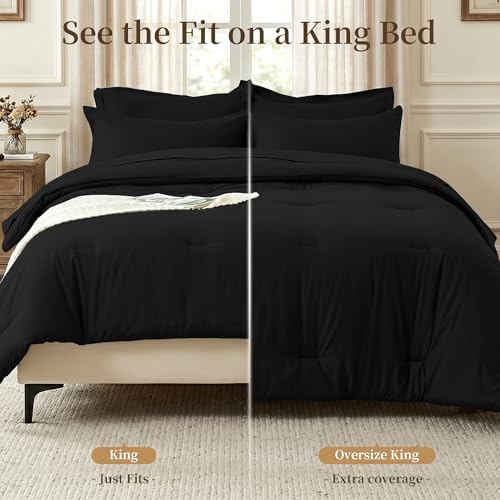 Oversized King Comforter Set 7 Pieces - Ultra-Soft Bed in a Bag, Cozy Luxury All Season Bedding Sets with Comforter, Flat Sheet, Fitted Sheet, 2 Pillow Shams & 2 Pillowcases, Black