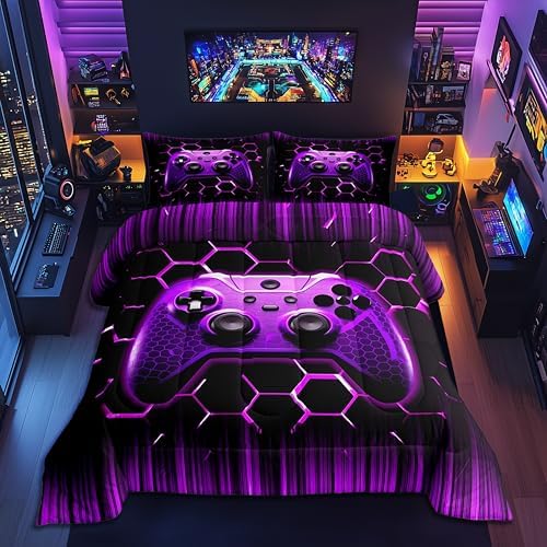 Manfei Geometric Gamepad Comforter Set Twin Size, Modern Gamer Bedding Set 2pcs for Kids Boy Girls Game Room Decor, Purple Honeycomb Gaming Down Comforter Videogame Quilt Set with 1 Pillowcase