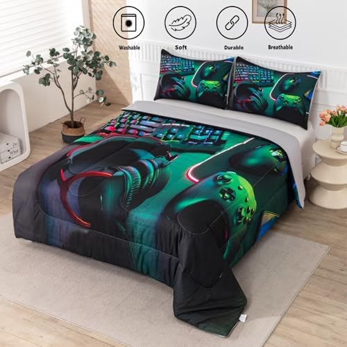 Gamer Comforter Sets for Teen Boys,Gaming Bedding Sets Full,Video Game Bedspread,Game Gamepad Bed Set,Controller Bedding Gamer Home Decor 3 Piece