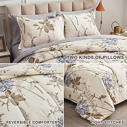 Joyreap 6 Piece Bed in a Bag Twin, Elegant Flower Botanical Smooth Soft Microfiber Floral Comforter Set for All Season (1 Comforter, 2 Pillow Shams, 1 Flat Sheet, 1 Fitted Sheet, 1 Pillowcase)
