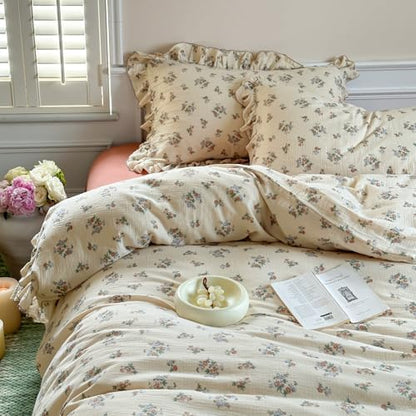 VM VOUGEMARKET 100% Muslin Cotton Duvet Cover Set Twin for Teen Girls,Vintage Flower Comforter/Quilt Cover with Romantic Ruffles,Soft, Breathable & Lightweight