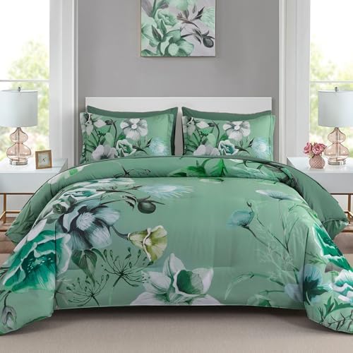 Luxudecor Floral Comforter Set King Size 7 Piece, Green Flower Bed in a Bag, Elegant Floral Comforter Bed Set with Sheet Set, Soft Microfiber Bedding Set for All Season (104"x90")