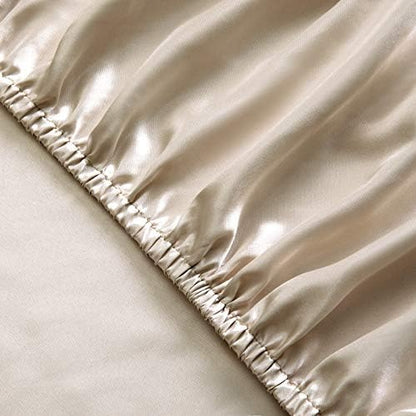 SiinvdaBZX 4Pcs Extra Deep Pocket Satin Sheet Set King Size, Beige