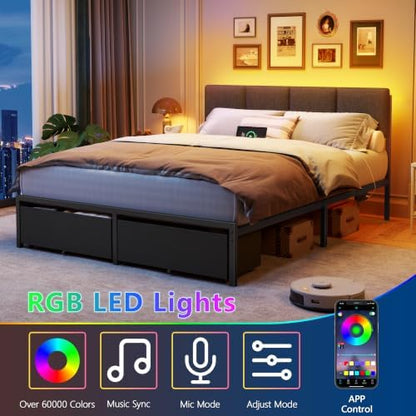 Furnulem Queen Bed Frame with Adjustable Headboard and Storage Drawers
