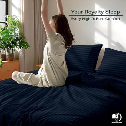 NON Sticky cotton King 4 Piece Sheet Set, 100% Long Staple Cotton, Soft Cooling Hotel Luxury Bedding Sheets, Deep Pocket Fits 10" to 18" Mattress, 78" x 80", Navy Blue Stripe