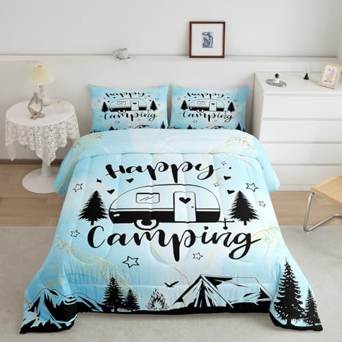 Manfei Happy Camping Camper Kids Comforter Set Queen Size,Star Pine Tree Mountain Bedding Set,Girls Boys Room Decor,Rustic Farmhouse Cabin Quilt Comforter,Blue Country Duvet Insert,2 Pillowcases