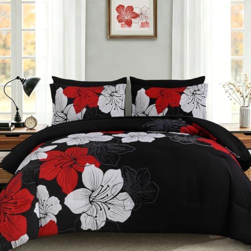 Luxudecor Red Black Comforter Set King Size, 7 Pieces Floral Bed in a Bag