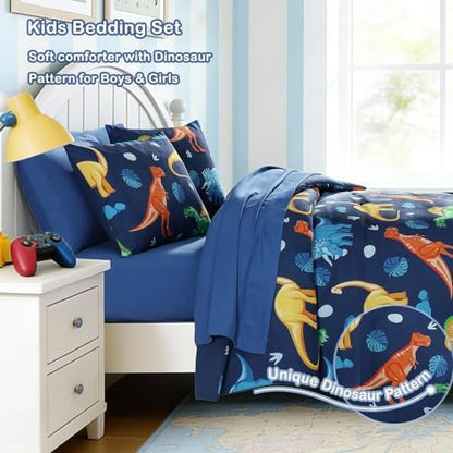 Boys Full Size Bedding Set - 7 Pieces Navy Dinasour Full Comforter Sets