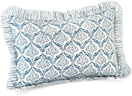 CPC Block Print Indigo Regal Ruffle Cotton Lumbar Pillow Cover 12x20 inch