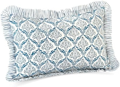 CPC Block Print Indigo Regal Ruffle Cotton Lumbar Pillow Cover 12x20 inch