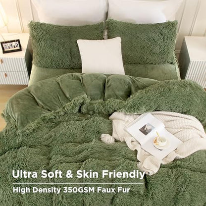 Andency Sage Green King Size Comforter Set, Fluffy Faux Fur Warm Bed Set