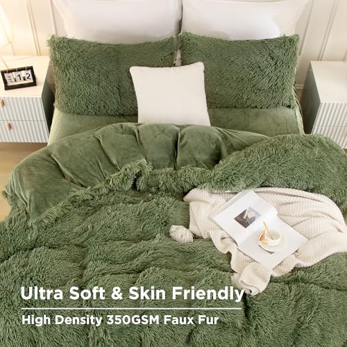 Andency Sage Green California King Comforter Set, Fluffy Faux Fur Bed Set