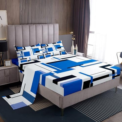 Feelyou Square Bed Sheets Blue Black White Sheet Set for Kids Boys Girls Modern Geometric Grid Bed Set Simple Graphic Decor Sheets with 2 Pillowcases 4Pcs Bedding Full