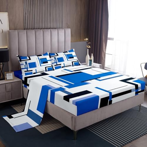 Feelyou Square Bed Sheets Blue Black White Sheet Set for Kids Boys Girls Modern Geometric Grid Bed Set Simple Graphic Decor Sheets with 2 Pillowcases 4Pcs Bedding Queen