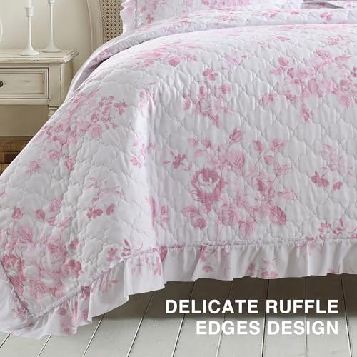 HORIMOTE HOME Pink Ruffled Quilt Queen Size with 2 Pillow Shams, Shabby Chic Floral Printed Reversible Bedspread Coverlet, Soft Lightweight Comforter Bed Cover for All Season, 3 Pieces, 90x96 inches