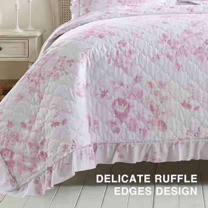 HORIMOTE HOME Pink Ruffled Quilt Queen Size with 2 Pillow Shams, Shabby Chic Floral Printed Reversible Bedspread Coverlet, Soft Lightweight Comforter Bed Cover for All Season, 3 Pieces, 90x96 inches