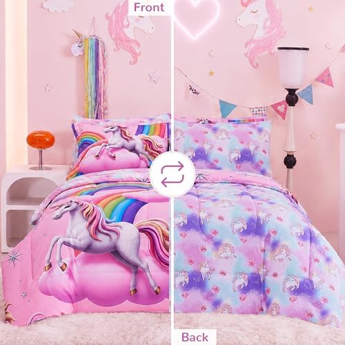 Viviland Kids Full Bedding Sets, Girls Comforter, Unicorn Pink Rainbow